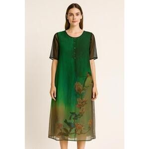 Artistic Bird & magnolia Print green Sheer Midi Dress Linen Blend Sz L/XL